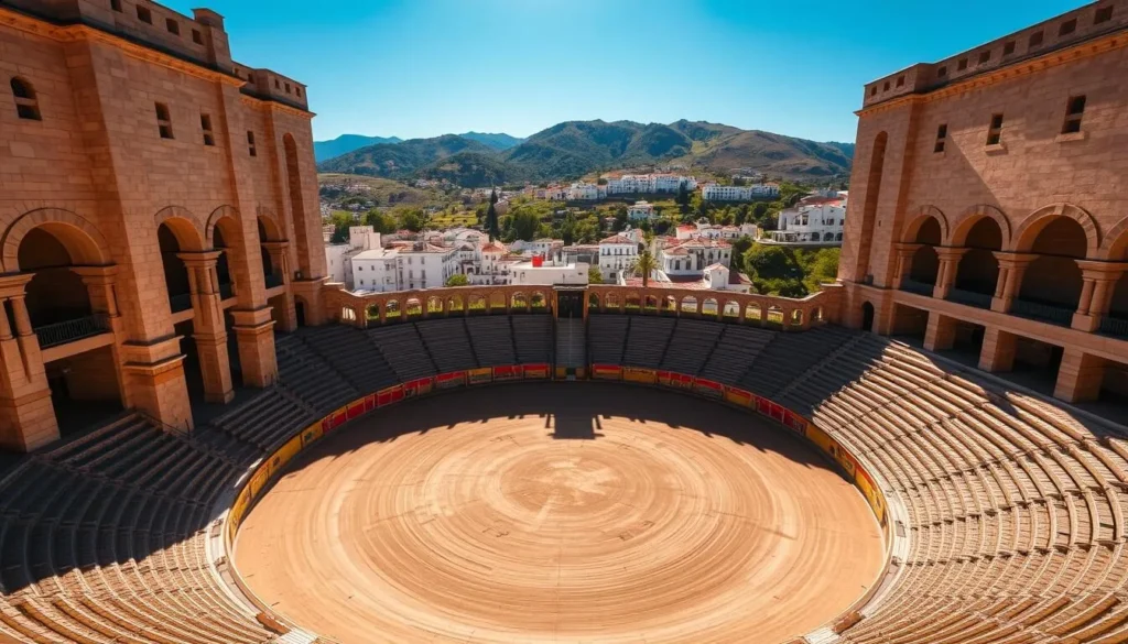 A grand, sun-drenched bullring nestled in the picturesque town of Mijas, Spain. Towering stone walls and elegant arched entryways frame the elliptical arena, where shadows cast intricate patterns across the packed earth. In the distance, whitewashed houses and verdant hills create a stunning backdrop, bathed in the warm glow of the Mediterranean sun. The bullring stands as a testament to Spain's rich cultural heritage, a place where the ancient traditions of bullfighting have been honored for centuries. Capture the timeless elegance and historical significance of this iconic landmark with a wide, high-angle shot that showcases its architectural grandeur and breathtaking natural setting.