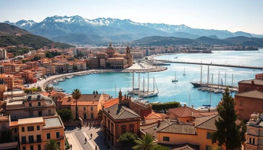 A grand, sun-drenched cityscape of Ajaccio, the imperial capital of Corsica. Capture the historic architecture of the Old Town, with its charming cobblestone streets, quaint cafes, and the iconic Notre-Dame Cathedral standing tall. Showcase the bustling harbor, where colorful sailboats and fishing vessels dot the sparkling azure waters of the Mediterranean. In the background, the rugged, snow-capped peaks of the Corsican mountains loom, providing a dramatic natural backdrop to this imperial city. Utilize a wide-angle lens to fully encompass the grandeur of Ajaccio's heritage, bathed in warm, golden sunlight that casts long shadows across the scene.
