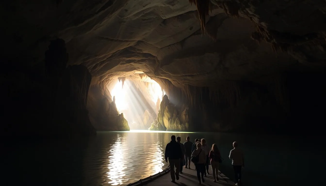 A grand, sunlit chamber within the vast Mammoth Cave system, illuminated by soft natural light filtering through distant openings. Stalactites and stalagmites stand in majestic formation, casting long shadows across the smooth, rippling underground lake. A small tour group, led by a knowledgeable guide, explores the serene, awe-inspiring landscape, their faces filled with wonder at the breathtaking geological wonders surrounding them. Capture the sense of exploration, discovery, and the timeless, otherworldly atmosphere of this unique natural wonder.