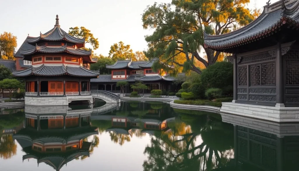 A grand, traditional Chinese garden with intricate architecture and lush greenery. In the foreground, a picturesque pond reflects the ornate pavilions and bridges. Delicate stone carvings and latticed windows adorn the middle-ground structures, bathed in warm, golden sunlight. In the background, towering trees sway gently, creating a serene, tranquil atmosphere. Capture the harmonious blend of nature and human craftsmanship that embodies the cultural significance of Kezhi Garden.