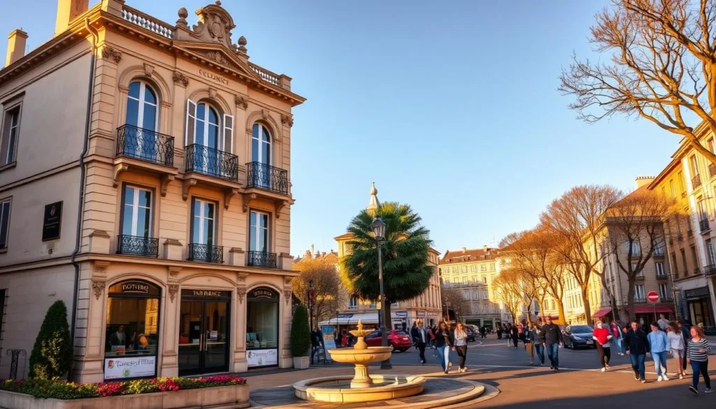 A grand, two-story building with a traditional French architectural style, the Aix-en-Provence Tourist Office stands proudly on a bustling street corner. Its ornate facade features elegant arched windows, intricate stonework, and a prominent sign inviting visitors inside. The building is bathed in warm, golden sunlight, casting soft shadows that accentuate its charming details. In the foreground, well-tended flowerbeds and a small fountain add to the picturesque scene. The middle ground is filled with people strolling by, capturing the lively atmosphere of this historic Provençal city. In the background, the distinctive silhouettes of plane trees and the distant rooftops create a quintessential French ambiance.