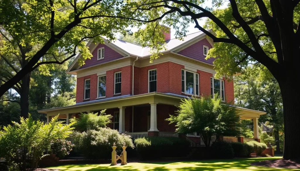 A grand, two-story historic residence nestled amidst lush, verdant foliage. The Rosenbaum House, a stunning example of Prairie School architecture, features clean lines, extended eaves, and a low-pitched roof that seamlessly blend with the natural surroundings. Sunlight filters through the large windows, casting a warm, inviting glow upon the brick exterior. The elegant, symmetrical facade exudes a sense of timeless sophistication, capturing the essence of Alabama's architectural heritage. The landscape is dotted with mature trees, creating a tranquil, park-like setting that invites exploration and appreciation of this magnificent historic treasure.