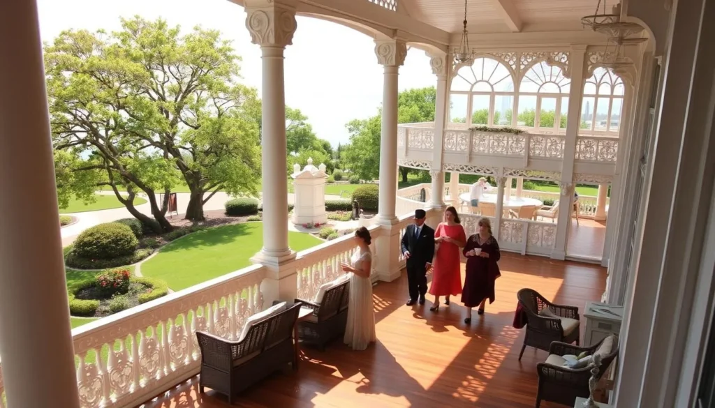 A grand, two-story porch with ornate white columns and intricate wooden railings, overlooking a lush garden and the serene waters of Lake Huron. Sunlight filters through the large, arched windows, casting a warm, inviting glow on the wicker furniture and hardwood floors. Elegant guests in period attire stroll leisurely, sipping tea and enjoying the tranquil ambiance. The porch's stately presence evokes the timeless elegance of a bygone era, perfectly capturing the essence of the historic Grand Hotel on Mackinac Island.