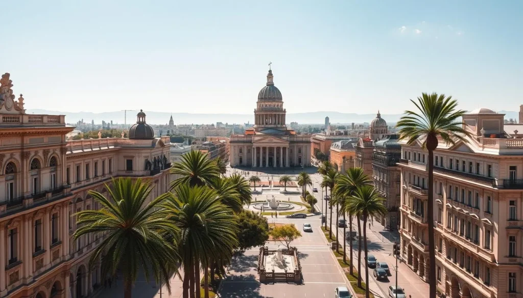 A grand view of La Plata, Argentina's "City of Diagonals," on a sun-dappled afternoon. In the foreground, stately neo-classical buildings line broad diagonal avenues, their facades adorned with intricate architectural details. Towering palm trees sway gently, casting patterns of light and shadow. In the middle ground, the iconic diagonal street grid fans out, punctuated by grand plazas and ornate public monuments. In the distance, the gleaming dome of the neoclassical Cathedral of La Plata rises above the cityscape, bathed in warm golden light. The scene conveys a sense of grand, elegant urbanism, with a touch of lush, verdant charm.