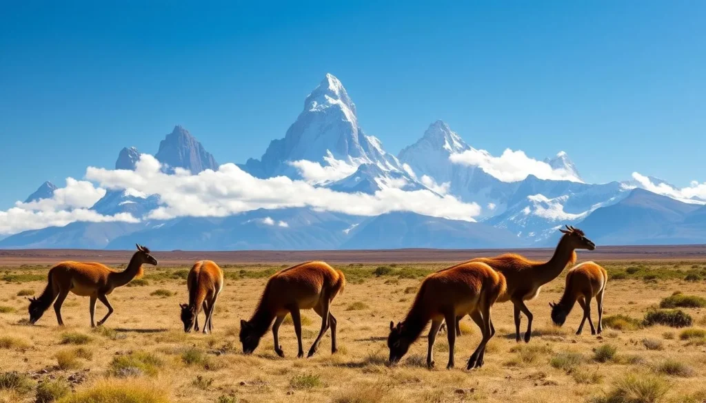 A group of guanacos grazing in Torres del Paine National Park with mountains in the background A group of guanacos grazing in Torres del Paine National Park with mountains in the background