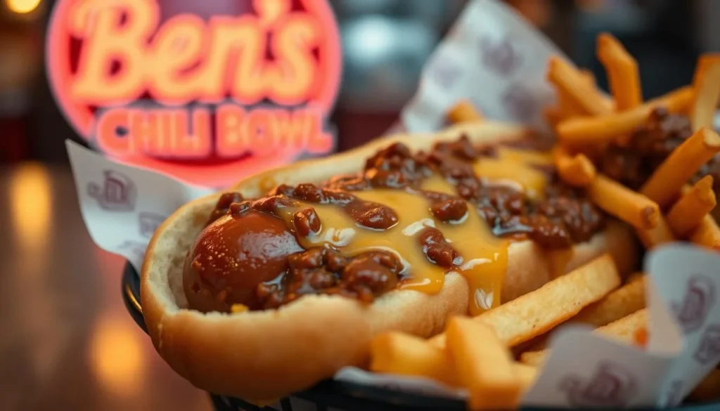 A half-smoke and chili fries from Ben's Chili Bowl, a DC culinary institution