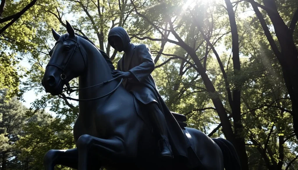A haunting, life-size sculpture of the Headless Horseman stands in the heart of Sleepy Hollow, New York. Crafted with intricate detail, the dark figure sits atop a powerful steed, its missing head casting an eerie shadow. Dappled sunlight filters through the surrounding trees, creating a somber, atmospheric scene. The sculpture's weathered bronze surface evokes a sense of history and the supernatural, inviting onlookers to imagine the legendary rider's ghostly presence. A sense of mystery and foreboding permeates the tranquil setting, hinting at the timeless tale of the Headless Horseman that has captivated visitors for generations.