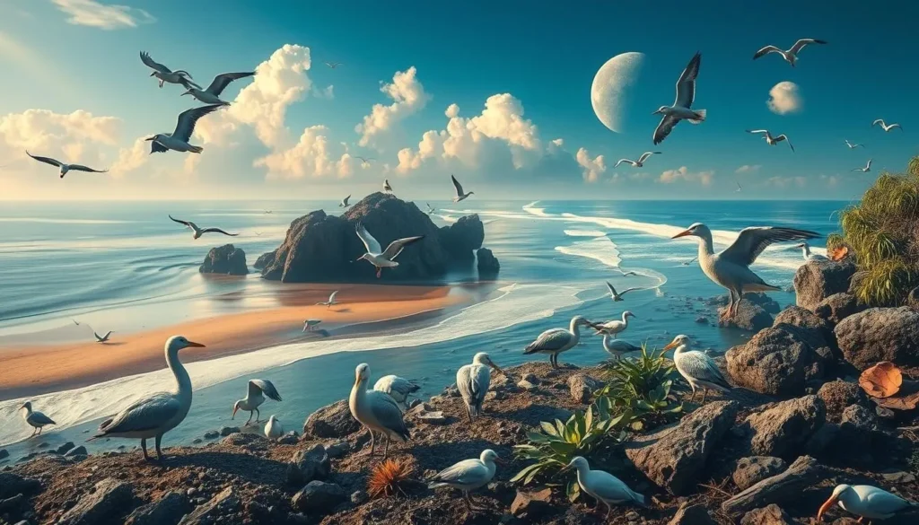 A hauntingly beautiful landscape with unique bird species and surreal shorelines.