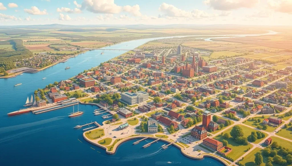 A highly detailed map of the greater Kingston, New York area, showcasing the city's historic downtown, the majestic Hudson River, and the surrounding scenic countryside. Rendered in a realistic, cartographic style with a vibrant color palette and crisp, clear lines. The map should capture the essence of Kingston's role as New York's first capital, with prominent landmarks such as the Old Dutch Church, Senate House, and other significant buildings highlighted. Depict the area with a warm, inviting atmosphere, as if seen on a pleasant spring day, with a soft, natural lighting illuminating the scene. The perspective should be slightly elevated, allowing the viewer to fully appreciate the layout of the city and its picturesque surroundings.