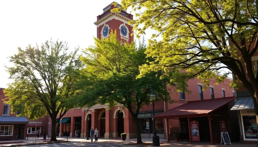 A historic brick courthouse stands tall in the center of Greenville, Kentucky, its ornate architecture and clock tower commanding attention. Surrounding it, quaint shops and eateries line the streets, their weathered facades exuding a sense of timeless charm. Lush trees sway gently, casting dappled shadows on the well-preserved sidewalks. The scene is bathed in warm, golden sunlight, creating a welcoming, nostalgic atmosphere. A few pedestrians stroll by, immersed in the town's rich history and small-town character. This image perfectly captures the essence of Greenville, a place where the past and present coexist in perfect harmony.