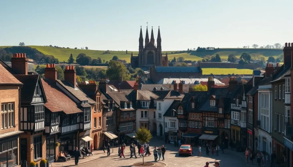 A historic cityscape of Exeter, England, on a bright and sunny day. In the foreground, a picturesque square with quaint, half-timbered buildings and cobblestone streets, people strolling and enjoying the lively atmosphere. In the middle ground, the iconic Exeter Cathedral towers over the scene, its Gothic architecture and ornate spires catching the warm, golden light. The background features rolling green hills, dotted with trees, creating a pastoral, tranquil backdrop to the vibrant city center. The overall mood is one of timeless charm and welcoming ambiance, capturing the essence of Exeter as a historic destination in the heart of the Devon countryside.
