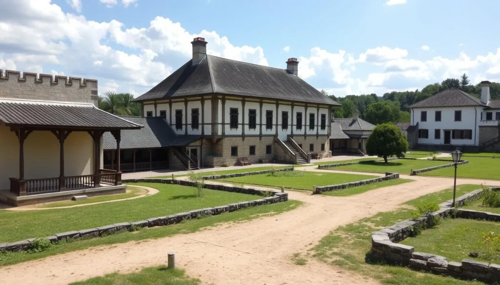 A historic site featuring preserved buildings and grounds from the 18th and 19th centuries.