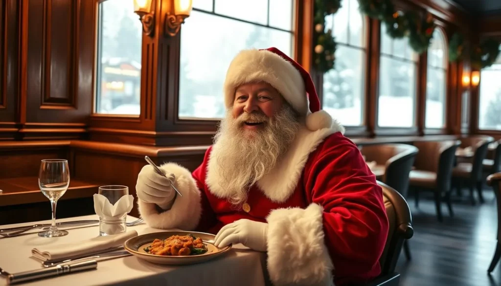 A jolly Santa Claus, dressed in his iconic red suit, sits at a cozy table in a charming restaurant, savoring a delectable meal. The warm lighting casts a festive glow, and the table is adorned with a crisp white tablecloth, polished silverware, and a neatly folded napkin. The restaurant's elegant decor, featuring rich wood tones and holiday accents, creates a welcoming ambiance. Through the large windows, a snowy winter landscape can be seen, adding to the festive atmosphere. Santa's expression is one of pure delight as he indulges in his meal, surrounded by the spirit of the season.