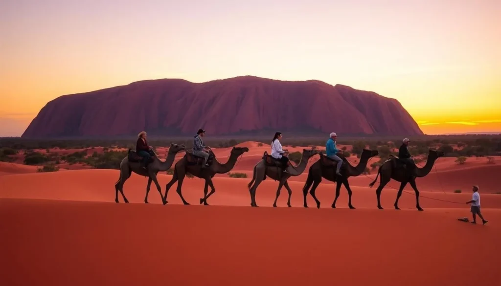 A line of camels with tourists riding at sunset with Uluru in the background, Best Things to Do in Yulara, Northern Territory A line of camels with tourists riding at sunset with Uluru in the background, Best Things to Do in Yulara, Northern Territory