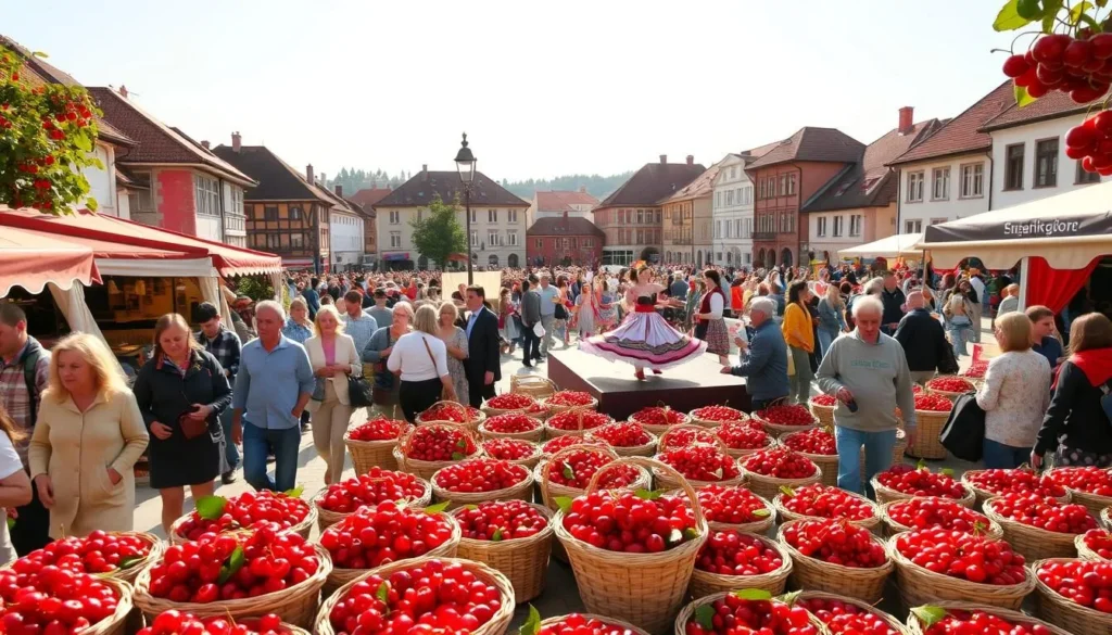 A lively Cherry Festival in a quaint Bulgarian town. In the foreground, a bustling crowd of locals and visitors strolls through rows of vibrant red cherry stalls, their baskets overflowing with the juicy fruit. In the middle ground, traditional Bulgarian folk dancers twirl on a stage, their colorful costumes and rhythmic movements captivating the audience. In the background, a picturesque town square is surrounded by charming, historic buildings bathed in warm, golden sunlight. The atmosphere is one of joy, celebration, and the vibrant flavors of summer.