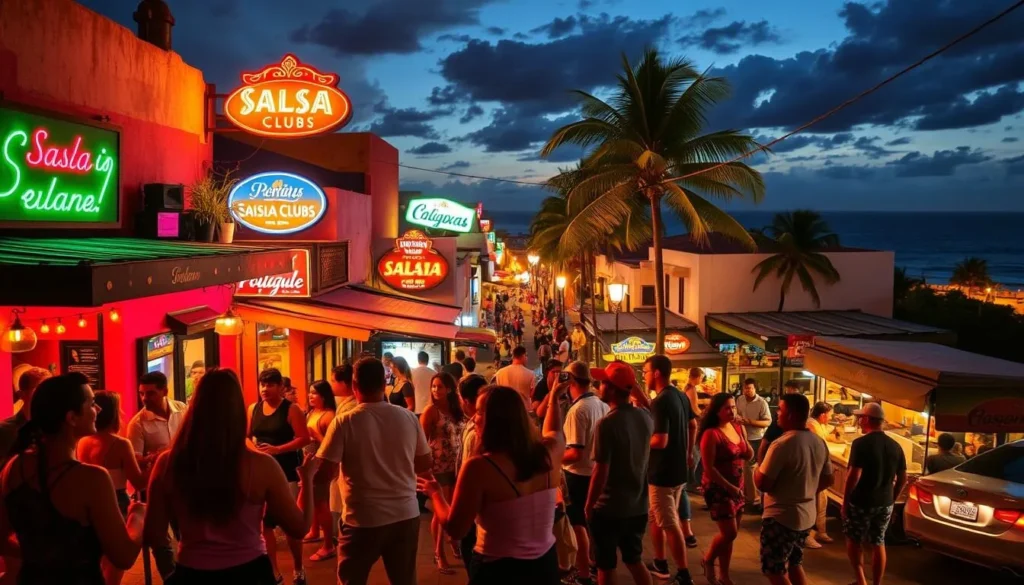 A lively Puerto Rican nightlife scene in Mayaguez, with a vibrant mix of colorful bars, salsa clubs, and local street vendors. The foreground features a group of friends dancing to the rhythmic beats of live Latin music, their shadows cast by the warm glow of neon signs. In the middle ground, patrons spill out onto the bustling sidewalks, sipping rum-based cocktails and sampling traditional Puerto Rican cuisine. The background showcases the colonial architecture, palm trees, and the distant glow of the Caribbean Sea, creating a captivating atmosphere of Caribbean culture and nighttime energy.