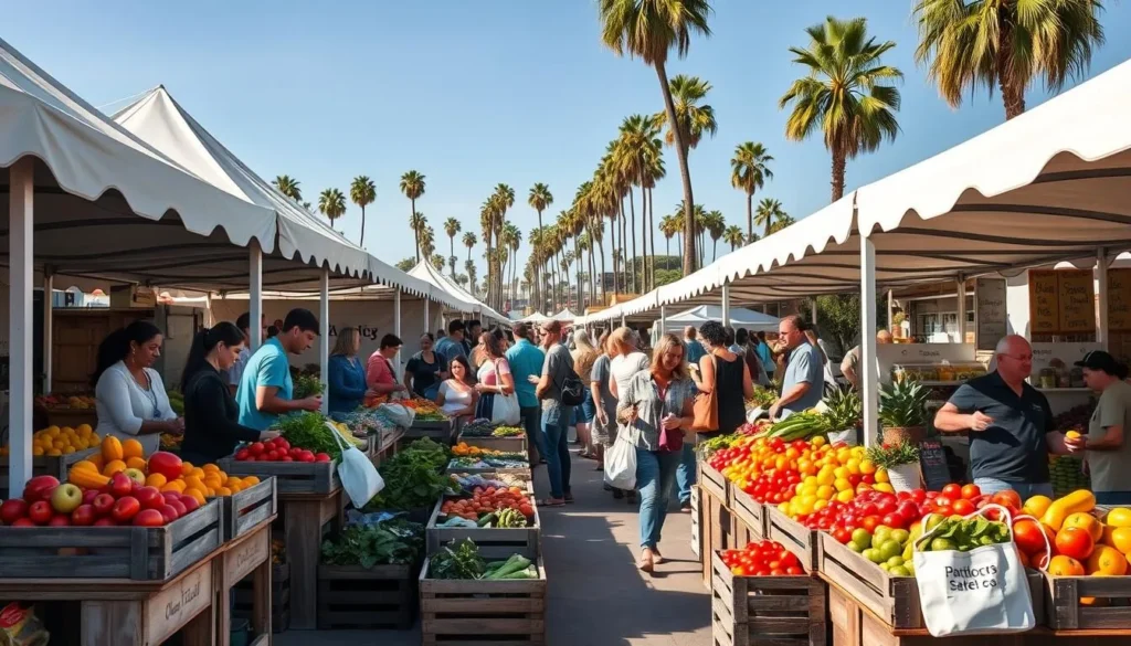A lively Santa Monica Farmers' Market on a sun-dappled morning, bustling with shoppers browsing vibrant produce stalls. Rows of colorful fruits and vegetables spill out from wooden crates, their hues popping against the weathered wood and crisp white canopies. In the foreground, a group of friendly vendors greet customers, offering samples of their seasonal bounty. The middle ground is a sea of reusable totes and eager hands selecting the freshest greens, ripe tomatoes, and fragrant herbs. In the background, the iconic palm trees of Santa Monica sway gently, framing the scene with a quintessential California feel. Warm, natural lighting bathes the entire market in a golden glow, creating a welcoming, community-driven atmosphere.
