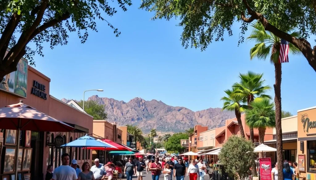 A lively Scottsdale Art Walk on a picturesque sunny day. In the foreground, pedestrians stroll past vibrant art galleries displaying diverse paintings, sculptures, and handcrafted wares. Quaint outdoor cafes spill onto the sidewalks, their umbrellas casting dappled shadows. In the middle ground, historic adobe buildings and palm trees line the bustling streets. The background features the rugged McDowell Mountains, their peaks bathed in warm desert light. Capture the energy, culture, and natural beauty of this premier art destination in the American Southwest.