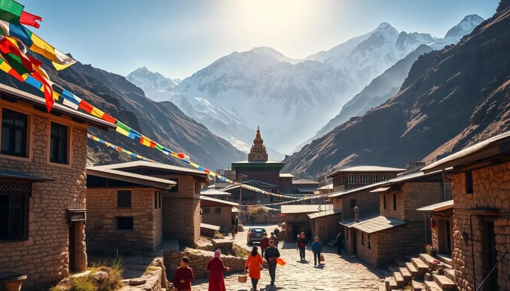 A lively Sherpa village nestled in the rugged Himalayan foothills, bathed in warm afternoon sunlight. Colorful prayer flags flutter gently, casting vibrant shadows across the scene. In the foreground, traditional stone and timber houses stand tall, their intricately carved windows and doors reflecting the region's rich cultural heritage. Locals in vibrant traditional dress navigate the winding paths, carrying baskets of produce. In the middle ground, a small stupa or monastery sits atop a gentle rise, its gilded spires glinting in the sun. The backdrop features the majestic, snow-capped peaks of the Khumbu region, their jagged silhouettes creating a dramatic and awe-inspiring landscape.