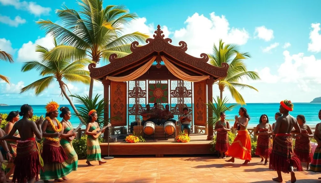 A lively Tongan cultural performance set against a vibrant backdrop. In the foreground, graceful dancers adorned in traditional costumes sway to the rhythmic beats of drums and ukuleles. The middle ground features an ornate wooden stage, flanked by intricate tapa cloth decorations and lush tropical foliage. In the background, a stunning ocean vista with swaying palm trees and a clear blue sky create a picturesque island ambiance. Warm, natural lighting accentuates the vibrant colors and lively energy of the cultural showcase. Capture the essence of Tongan heritage and hospitality in a captivating, cinematic composition. A lively Tongan cultural performance set against a vibrant backdrop. In the foreground, graceful dancers adorned in traditional costumes sway to the rhythmic beats of drums and ukuleles. The middle ground features an ornate wooden stage, flanked by intricate tapa cloth decorations and lush tropical foliage. In the background, a stunning ocean vista with swaying palm trees and a clear blue sky create a picturesque island ambiance. Warm, natural lighting accentuates the vibrant colors and lively energy of the cultural showcase. Capture the essence of Tongan heritage and hospitality in a captivating, cinematic composition.