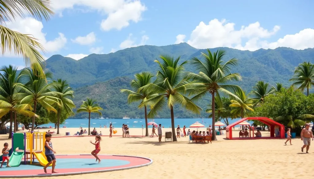 A lively and vibrant scene of family-friendly activities in Mayaguez, Puerto Rico. In the foreground, children joyfully play on a colorful playground, surrounded by tropical palm trees swaying in a gentle breeze. In the middle ground, a picturesque beach with soft, golden sand, where families gather to swim, build sandcastles, and enjoy a picnic under the warm, sun-dappled sky. In the background, the majestic mountains of the island provide a stunning natural backdrop, their lush, verdant slopes inviting exploration and outdoor adventures. The overall mood is one of carefree happiness and relaxation, capturing the essence of a perfect day in this vibrant, family-oriented destination.