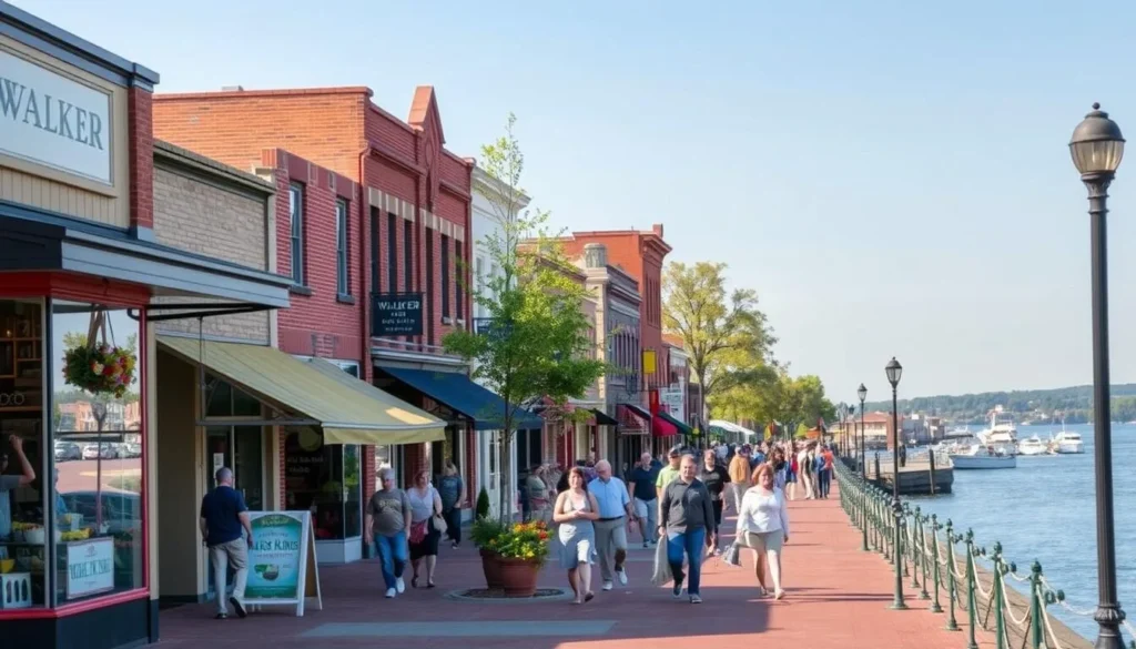 A lively and vibrant scene of the Walker Area Shopping district on a sunny day. The foreground showcases a bustling sidewalk lined with charming local shops, their colorful facades and inviting window displays drawing pedestrians inside. In the middle ground, quaint brick and stone buildings stretch down the street, their architectural details accentuated by warm, directional lighting. In the background, a picturesque lakefront with gently swaying trees provides a serene natural backdrop to the urban setting. The overall atmosphere is one of small-town coziness and community, with people strolling, window-shopping, and enjoying the lively yet relaxed ambiance.