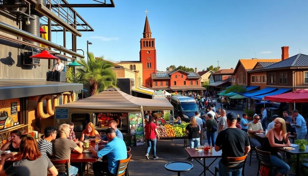 A lively, bustling culinary scene in Irving, Texas, with a vibrant mix of local restaurants, food trucks, and outdoor dining experiences. In the foreground, patrons savor gourmet burgers, tacos, and craft cocktails at a trendy eatery with a modern, industrial-chic decor. In the middle ground, a farmers market showcases the region's bountiful produce, artisanal breads, and handcrafted goods. In the background, a picturesque town square is lined with charming cafes, bistros, and specialty food shops, all bathed in warm, golden sunlight and a lively, friendly atmosphere.