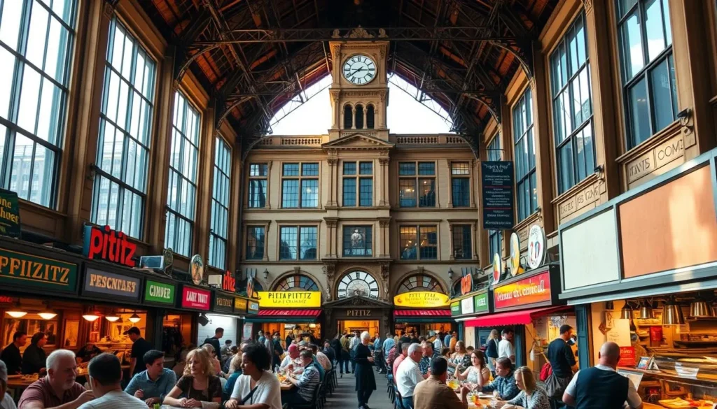 A lively, bustling food hall with natural light flooding through large windows, showcasing a diverse array of international cuisine. In the foreground, patrons dine at communal tables, sampling delicacies from the various food stalls. The middle ground features the vibrant facades of the stalls, each with distinct architectural details and signage. In the background, the historic Pizitz building's elegant facade and towering clocktower create a striking backdrop, bathed in warm, golden-hour lighting. The atmosphere is one of energy, discovery, and a celebration of Birmingham's culinary melting pot.