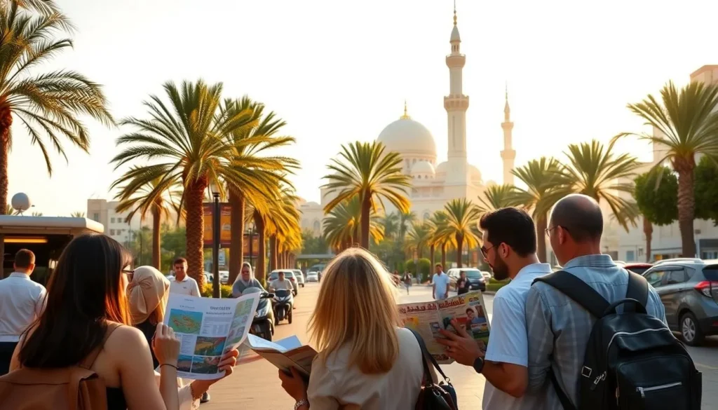 A lively cityscape of Abu Dhabi's vibrant streets, with palm trees swaying in a gentle breeze and the iconic Sheikh Zayed Grand Mosque rising majestically in the background. In the foreground, a group of tourists consult travel maps and guidebooks, capturing the essence of the city's rich cultural heritage and modern charm. The scene is bathed in warm, golden sunlight, creating a welcoming and inviting atmosphere. The image conveys the practical yet captivating nature of exploring Abu Dhabi, ready to inspire and guide travelers on their journey.