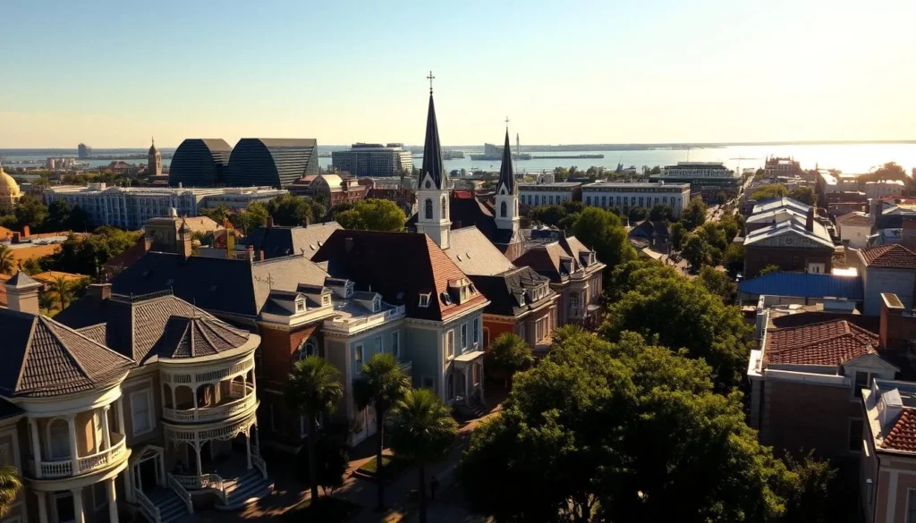 A lively cityscape of historic Mobile, Alabama, bathed in warm sunlight. In the foreground, stately antebellum mansions and cobblestone streets evoke the city's 19th-century charm. In the middle ground, the towering steeples of centuries-old churches stand as testaments to Mobile's diverse religious heritage. Towards the horizon, the iconic Arthur R. Outlaw Convention Center and the glistening waters of the Mobile River create a vibrant backdrop, showcasing the city's modern progress and maritime legacy. The scene radiates a sense of timeless elegance and cultural richness, inviting viewers to explore Mobile's captivating history and enduring spirit.