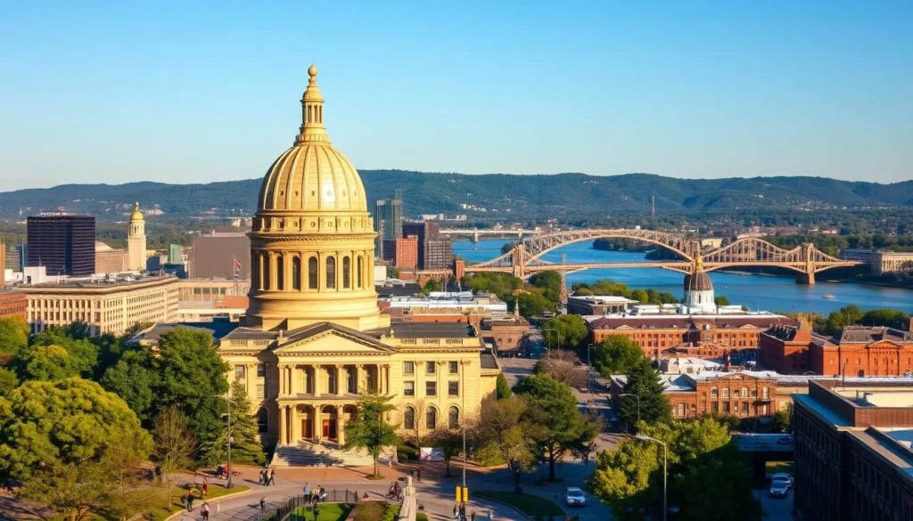 A lively cityscape showcasing the iconic landmarks of Little Rock, Arkansas. In the foreground, the grand dome of the Arkansas State Capitol building stands proud, its limestone facade gleaming in the warm, golden sunlight. Surrounding it, a bustling downtown scene with pedestrians strolling along tree-lined streets, passing by quaint shops and cafes. In the middle ground, the majestic Arkansas River winds its way through the city, its waters reflecting the clear blue sky above. Along the riverbanks, the picturesque Clinton Presidential Center and the historic Junction Bridge come into view. In the distance, the rolling hills and lush greenery of Pinnacle Mountain provide a scenic backdrop, conveying a sense of the natural beauty that permeates the heart of Arkansas' vibrant capital.