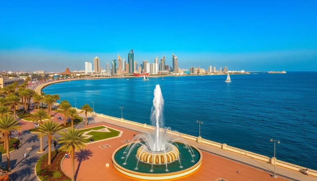 A lively coastal city in Saudi Arabia's Eastern Province, Al Khobar radiates a vibrant, modern ambiance. Capture the city's essence with a sweeping view of the Corniche, its palm-lined promenade hugging the tranquil waters of the Persian Gulf. In the foreground, display the distinctive architecture of the Al Khobar Fountain, its dynamic jets of water dancing in the warm sunlight. In the middle ground, showcase the bustling seafront, with people strolling, dining at seaside cafes, and enjoying watersports. In the distance, the city's towering skyscrapers and high-rise buildings stretch towards the clear, azure sky, creating a stunning, contemporary skyline. Imbue the scene with a sense of coastal serenity and the palpable energy of this thriving Saudi Arabian metropolis.
