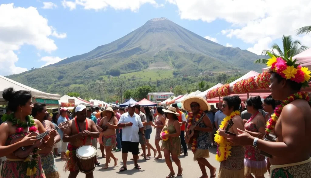 A lively cultural festival in Pago Pago, American Samoa, on a bright sunny day. In the foreground, colorfully dressed locals dance to the rhythmic beats of traditional Samoan drums and ukuleles. In the middle ground, a bustling marketplace showcases vibrant handcrafted wares, such as intricate wood carvings and vibrant floral leis. In the background, the iconic Mount Alava looms majestically, its lush, verdant slopes framing the scene. Soft, diffused lighting casts a warm, golden glow over the entire tableau, creating a sense of festive energy and cultural authenticity.