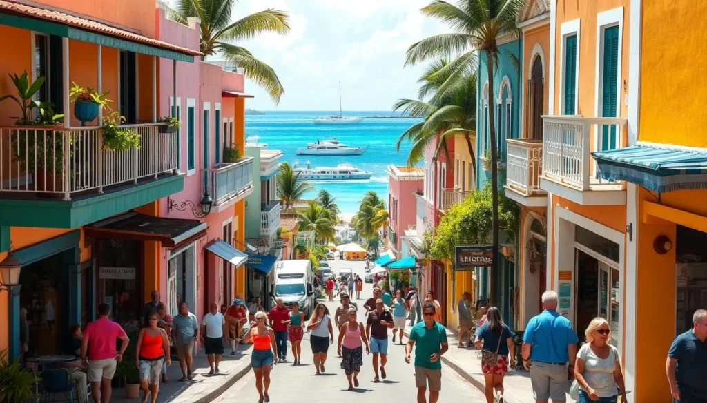 A lively downtown scene of La Parguera, Puerto Rico on a bright, sunny day. Colorful two-story buildings line the narrow streets, their balconies and verandas adorned with tropical plants. Locals and tourists stroll along the sidewalks, passing by small shops, cafes, and plazas. In the distance, the turquoise waters of the Caribbean Sea can be seen, with boats and yachts anchored in the bay. The scene is filled with the energy and vibrancy of a thriving coastal town, capturing the essence of life beyond the beaches of La Parguera.