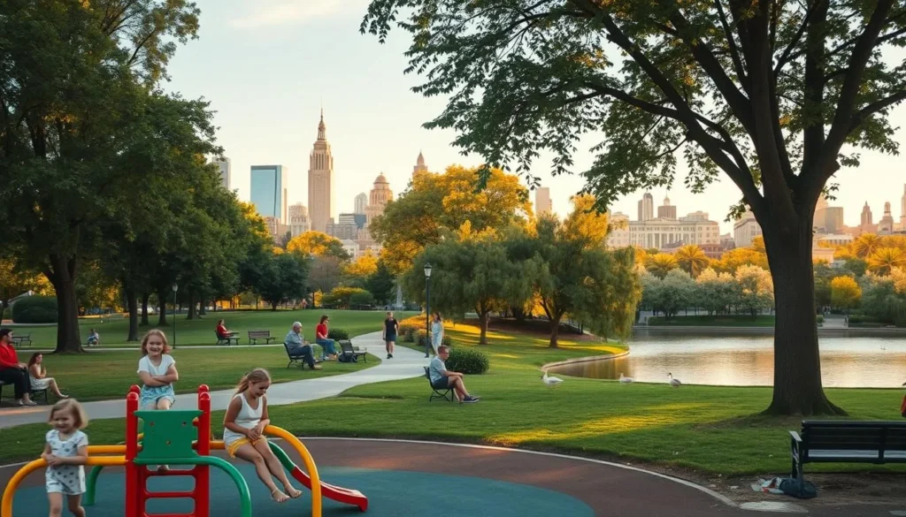 A lively family-friendly scene in a vibrant city park. In the foreground, children play on a colorful jungle gym, their laughter filling the air. Nearby, parents relax on park benches under the dappled shade of tall trees. In the middle ground, a winding path leads past a tranquil pond, where ducks glide across the calm water. In the background, the city skyline rises, a mix of modern high-rises and historic architecture, bathed in warm, golden afternoon light. The overall atmosphere is one of joy, relaxation, and a sense of community, perfectly capturing the essence of a family-friendly urban oasis.