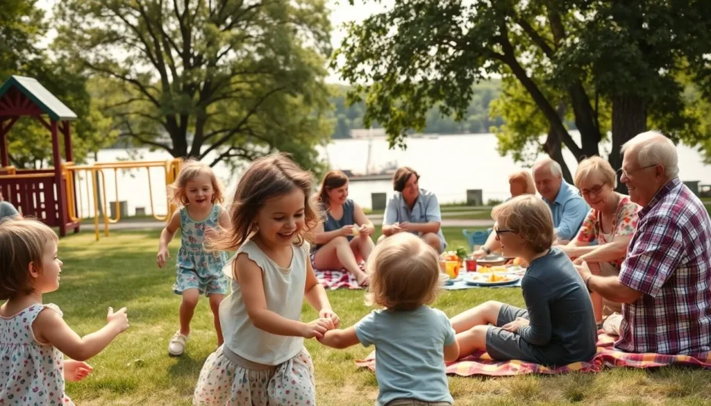 A lively family scene in the charming town of Keokuk, Iowa. In the foreground, children play on a well-equipped playground, their laughter filling the air. In the middle ground, parents and grandparents gather on picnic blankets, sharing a homemade meal and enjoying the warm, sunny day. The background features the iconic Mississippi River, its serene waters framed by lush green trees. Soft, diffused lighting creates a welcoming, inviting atmosphere, capturing the essence of quality family time in this Midwestern gem.
