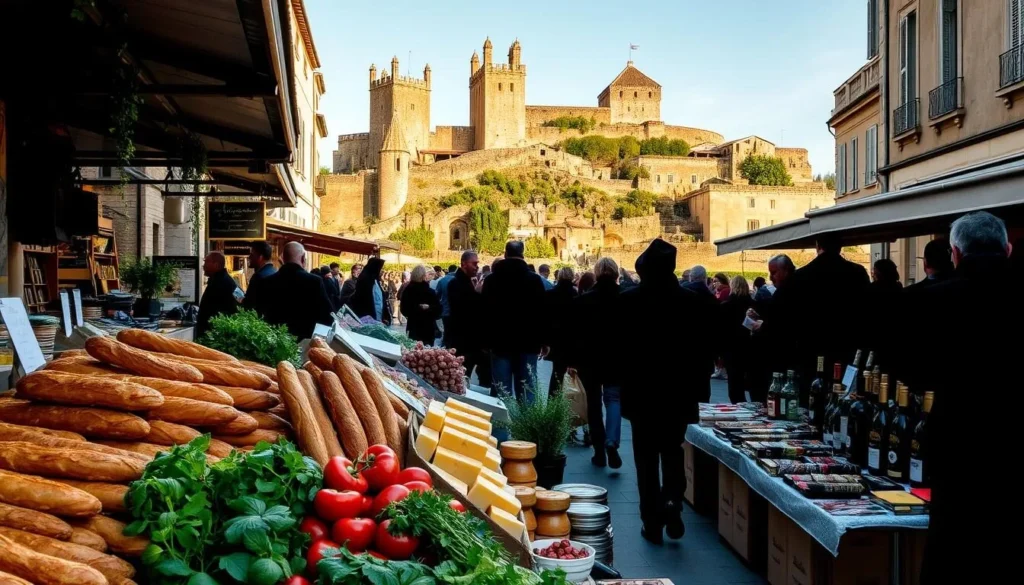 A lively market scene in the historic town of Carcassonne, France. In the foreground, a vibrant display of local produce - fresh baguettes, ripe tomatoes, and fragrant herbs. In the middle ground, an array of artisanal cheeses, cured meats, and bottles of regional wine. Shadowy figures of locals and visitors mingle, creating a bustling atmosphere. The background features the iconic medieval citadel, its stone walls and towers bathed in warm, golden sunlight. The scene evokes the rich culinary traditions and charming ambiance of this UNESCO World Heritage site.
