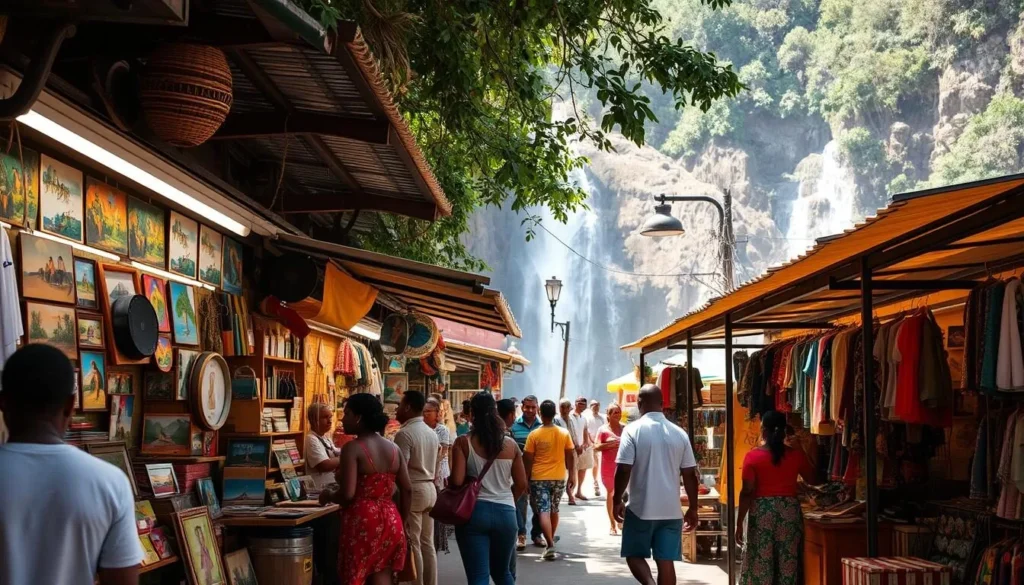 A lively open-air market nestled at the base of Dunn's River Falls, Jamaica. Vibrant vendor stalls offer an array of locally crafted souvenirs, artwork, and island-inspired apparel under a warm, sun-dappled canopy. Friendly shopkeepers beckon passersby to browse their wares, while the soothing sound of cascading water and distant drumbeats create a captivating, immersive atmosphere. Shoppers meander through the bustling scene, admiring the vivid colors and unique handicrafts that capture the essence of Jamaican culture. A sense of cultural exchange and discovery permeates the lively marketplace, complementing the natural wonder of the iconic waterfall nearby.