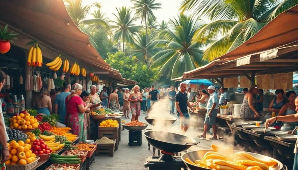 A lively open-air market on Christmas Island, bustling with locals and visitors alike. In the foreground, vibrant stalls display an array of exotic tropical fruits, fragrant spices, and freshly caught seafood. Vendors in colorful traditional dress enthusiastically invite passersby to sample their wares. The middle ground features sizzling woks and charcoal grills, where skilled chefs prepare tantalizing local dishes, the aroma wafting through the air. In the background, a backdrop of lush, verdant foliage and towering palm trees sets the scene, creating a warm, inviting atmosphere. Warm, diffused sunlight filters through the canopy, casting a golden glow over the entire scene.