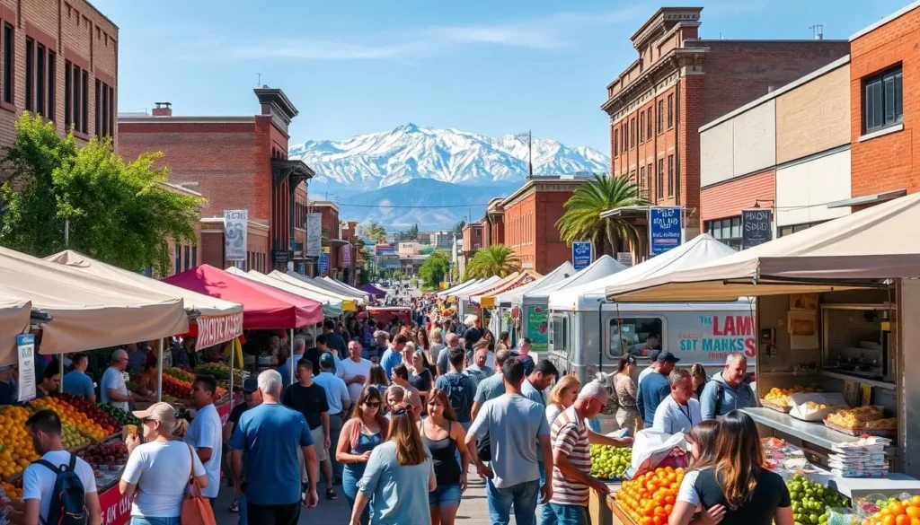 A lively outdoor food market in downtown Fresno, California on a sunny afternoon. Rows of vibrant produce stalls, artisanal food trucks, and sizzling grills fill the air with tantalizing aromas. In the foreground, a diverse crowd of locals and visitors browse the stalls, sampling fresh fruits, gourmet street food, and locally-crafted delicacies. The middle ground features the historic brick facades of Fresno's iconic architecture, complementing the scene. In the background, the snow-capped peaks of the Sierra Nevada mountains provide a majestic backdrop, creating a picturesque setting that captures the unique character of Fresno's thriving food culture.
