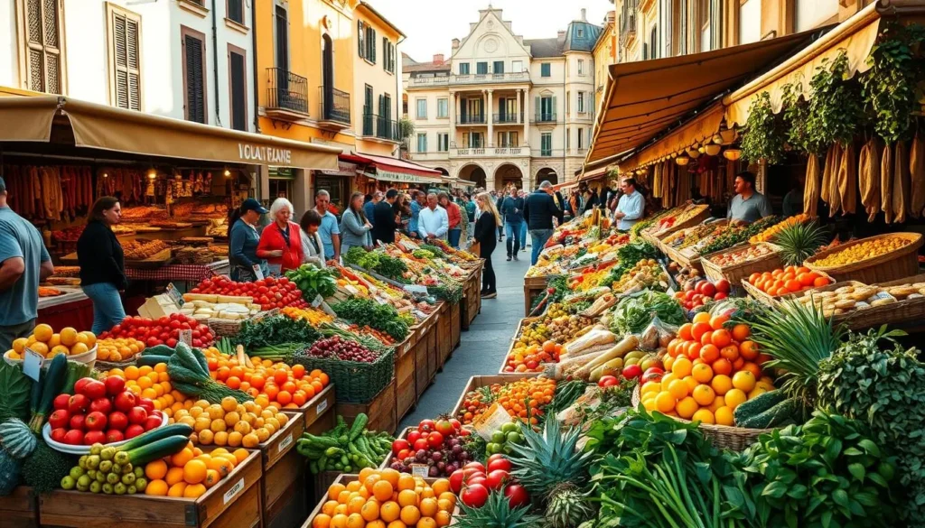 A lively outdoor market in Perpignan, France, showcasing an abundant array of local Catalan delicacies. In the foreground, vibrant produce stalls display an enticing array of fresh fruits, vegetables, and herbs. In the middle ground, artisanal cheeses, cured meats, and fragrant baked goods catch the eye, while in the background, traditional Catalan architecture and lively crowds create an authentic atmosphere. The warm, golden sunlight casts a gentle glow, highlighting the rich colors and textures of the local offerings. A sense of community and pride in the region's culinary heritage permeates the scene.