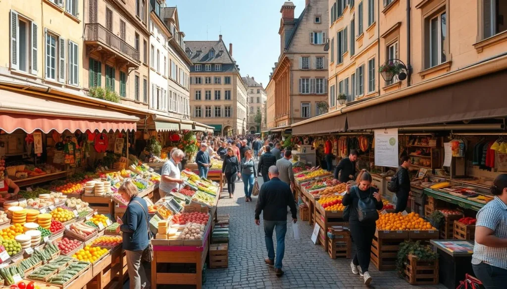A lively outdoor market in the historic heart of Rennes, France, with rows of colorful stalls overflowing with local produce, artisanal goods, and bustling crowds. Capture the sun-dappled square of Marché des Lices, its cobblestones lined with vendors selling fresh fruits, vegetables, cheeses, and fragrant flowers. In the middle ground, shoppers browse the stalls, examining wares and chatting with merchants. In the background, the warm-hued facades of centuries-old buildings frame the scene, creating a timeless, authentic atmosphere. Use a wide-angle lens to convey the energy and scale of this iconic market, with soft, natural lighting that enhances the vibrant colors and textures.