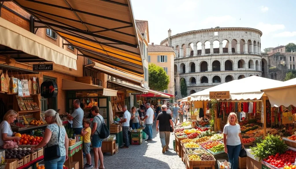 A lively outdoor market in the historic town of Arles, France. Stalls overflowing with local produce, artisanal crafts, and the chatter of friendly vendors. Sunlight filters through the canopies, casting a warm glow over the scene. In the foreground, patrons browse the vibrant displays of fresh fruits, vegetables, and flowers. The middle ground features quaint stone buildings and cobblestone streets, while the background showcases the iconic Arles landmarks, like the Roman amphitheater. Capture the authentic atmosphere of this quintessential French market, where the rhythm of daily life unfolds against a picturesque historical backdrop.