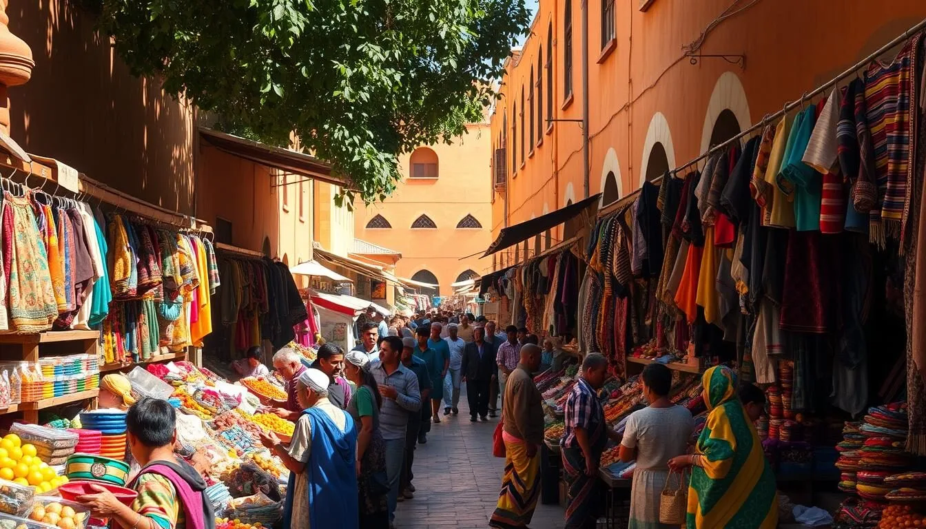A lively outdoor marketplace in Eritrea, bathed in warm, golden sunlight. Rows of vibrant, sun-dappled stalls offer a kaleidoscope of local handicrafts, textiles, spices, and fresh produce. Colorfully dressed vendors enthusiastically showcase their wares, creating a bustling, energetic atmosphere. In the foreground, customers haggle good-naturedly, sampling exotic fruits and examining intricate handmade items. In the middle ground, a maze of narrow alleyways wind between the stalls, filled with the chatter of shoppers and the cries of merchants. The background is framed by the ochre-hued buildings and shaded archways characteristic of Eritrean architecture, adding to the timeless, cultural ambiance.