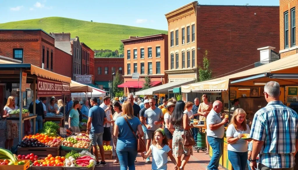 A lively outdoor scene in the charming town of Danville, Kentucky. A bustling farmers' market showcases an array of locally-sourced culinary delights - fresh produce, artisanal baked goods, and sizzling food stalls. In the foreground, families and friends browse the vibrant stalls, sampling tasty treats. The middle ground features the historic brick buildings of downtown Danville, their facades bathed in warm, golden sunlight. In the background, rolling green hills and a clear blue sky set the picturesque scene. Crisp, natural lighting captures the inviting, community-driven atmosphere of Danville's culinary culture.