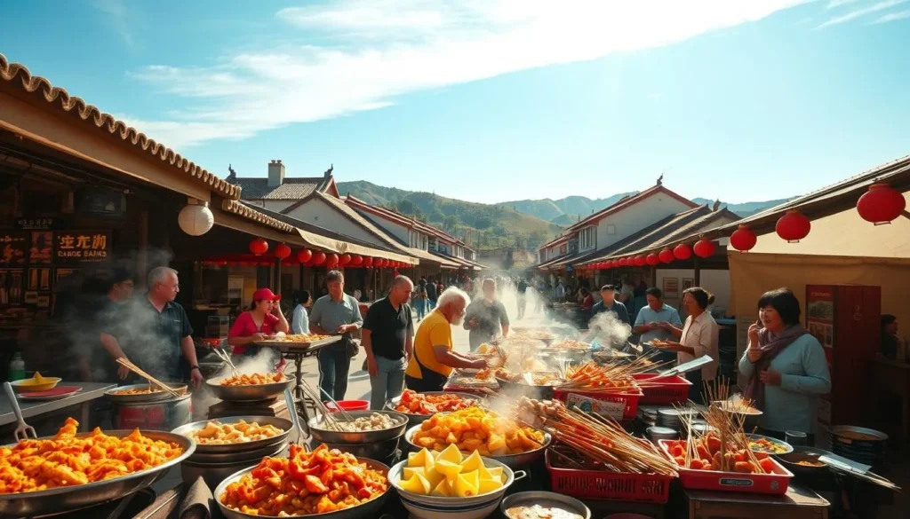 A lively outdoor scene showcasing the vibrant local cuisine of Taian, China. In the foreground, a bustling open-air market overflows with an array of freshly prepared dishes - sizzling stir-fries, steaming dumplings, and fragrant skewers. The middle ground features quaint, traditional architecture framing the scene, with residents and visitors mingling amidst the tantalizing aromas. In the background, rolling hills and a clear blue sky set the tranquil, picturesque atmosphere. Warm natural lighting casts a golden glow, creating an inviting and authentic ambiance. Capture the vibrant energy, diverse flavors, and cultural essence of Taian's beloved local cuisine.