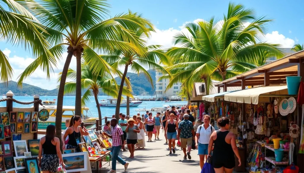 A lively outdoor shopping scene in Marigot Bay, St. Lucia. Vibrant market stalls line a waterfront promenade, offering a variety of local crafts, artwork, and island-inspired souvenirs. Sunlight filters through swaying palm trees, casting warm shadows across the bustling crowd. In the background, colorful boats bob gently in the calm bay waters. Shoppers browse the eclectic selection, interacting with friendly vendors. An inviting, picturesque atmosphere that captures the essence of Marigot Bay's unique shopping experience.