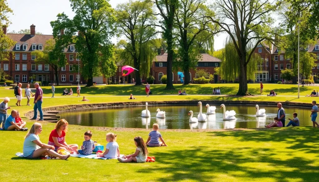 A lively park scene in Maidenhead, England on a sunny day. In the foreground, families enjoy a picnic on the lush green grass, children playing catch and flying colorful kites. In the middle ground, a small pond with ducks and swans gracefully gliding across the calm waters. In the background, a row of historic brick buildings and towering trees lining the perimeter, casting a warm, dappled light over the entire scene. The atmosphere is one of joy, relaxation, and quality time spent together.