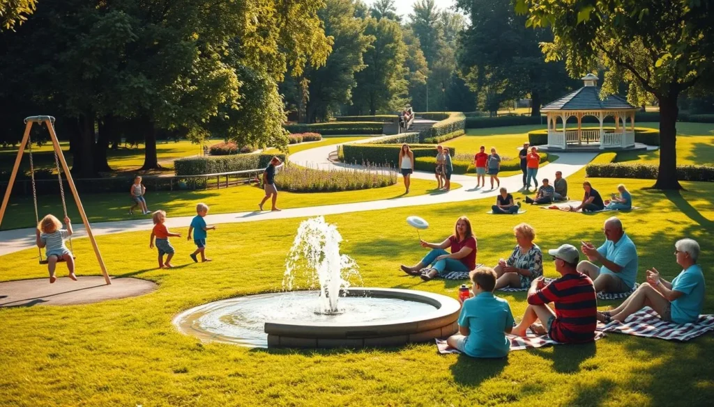 A lively park scene on a sunny day, with families engaged in various outdoor activities. In the foreground, children playfully swing on swing sets and splash in a shallow fountain. In the middle ground, parents and grandparents picnic on checkered blankets, tossing Frisbees and playing catch. In the background, a paved path winds through lush green landscaping, leading to a picturesque gazebo. Warm, golden lighting filters through the trees, creating a welcoming, family-friendly atmosphere.
