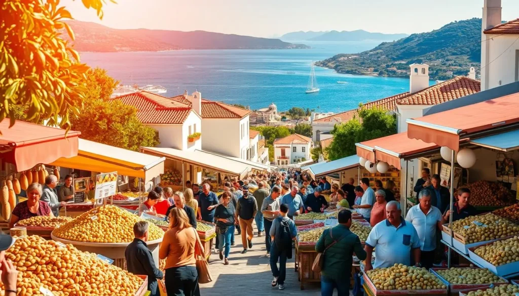 A lively pistachio festival on the picturesque Aegina Island, Greece. In the foreground, vibrant market stalls overflow with freshly harvested pistachio nuts and delectable pistachio-based treats. Locals and visitors mingle, sampling the wares and enjoying the festive atmosphere. In the middle ground, traditional Greek architecture frames the scene, with whitewashed buildings and terracotta roofs. In the background, the sparkling azure waters of the Saronic Gulf and the island's verdant hills create a stunning natural backdrop. Warm, golden sunlight bathes the entire tableau, evoking a sense of joy and celebration. The overall mood is one of cultural immersion, local tradition, and the appreciation of Aegina's renowned pistachio bounty.